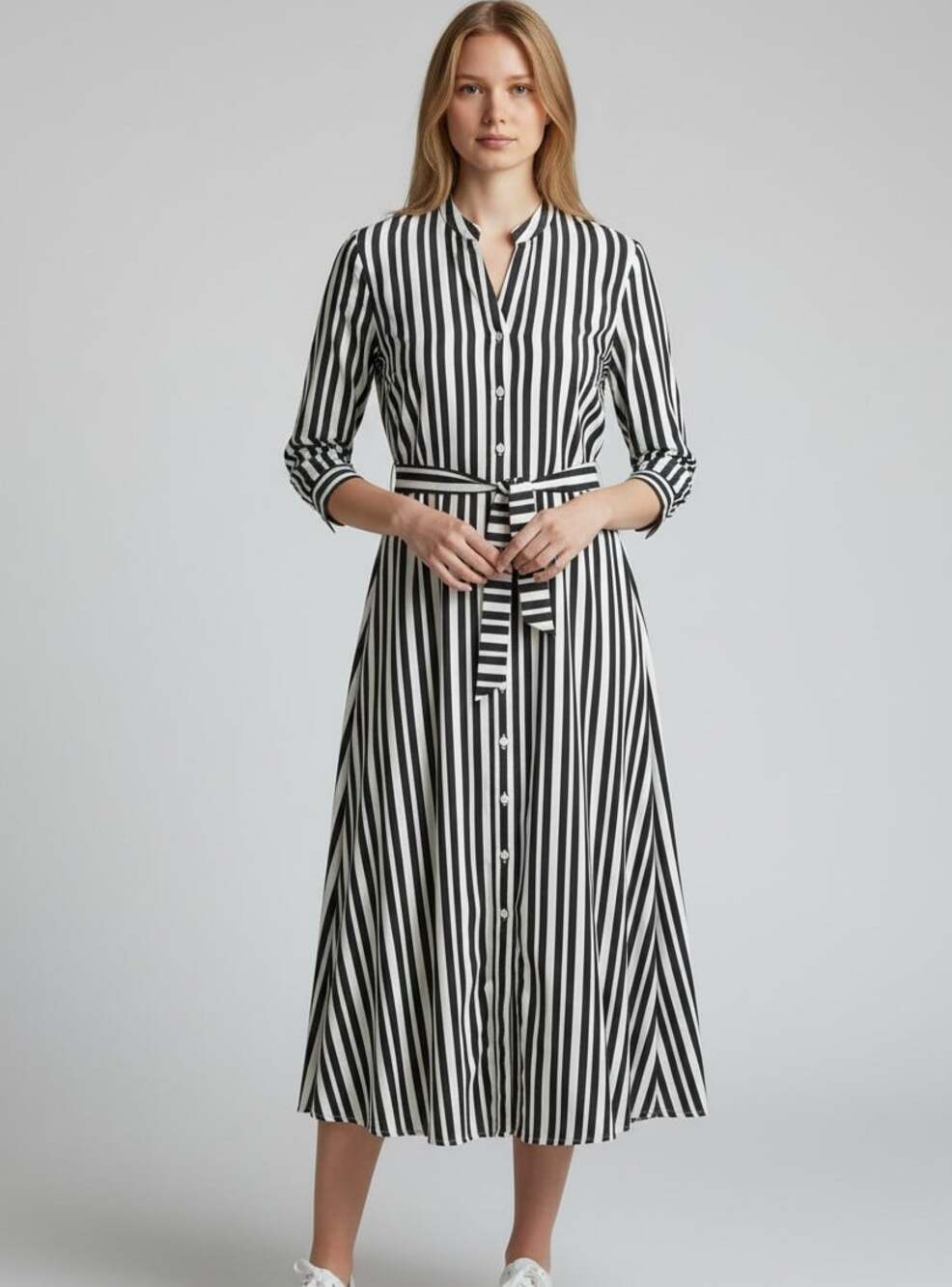 Hobbs London Striped Cotton Shirt Dress Size US 6 Midi Belted